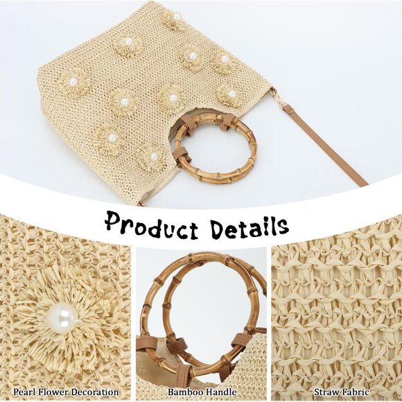 Straw Tote Bag Women Summer Beach Handbag with Pearls and Adjustable Strap - Picture 7 of 7